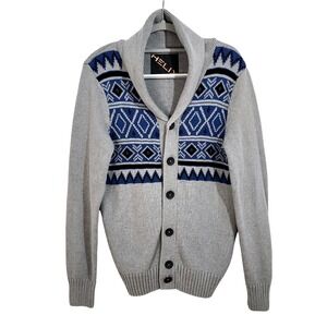 Helix Shawl Collar Cardigan Sweater Mens Small Gray Blue Geometric Cotton Knit